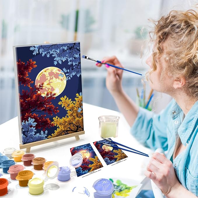ATDMS Paint by Numbers Kit for Adults with Frame Moon Adult Paint by Number Kits Framed Canvas Flowers Paint by Number with Easel DIY Acrylic Oil Painting Kits for Home Wall Decor 8x12 Inch