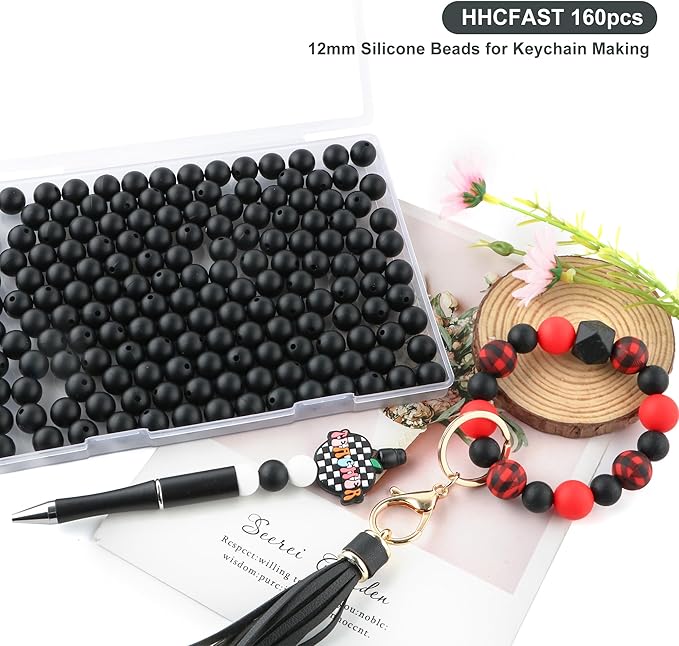 160Pcs 12mm Silicone Beads for Keychain Making Bracelet Necklace, Bulk Round Silicone Beads for Pens（Black）