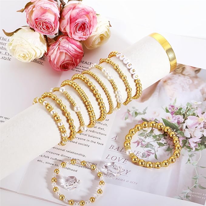 Funtopia Spacer Beads for Jewelry Making, 2500Pcs Gold Round Beads for Bracelets, 4mm 6mm 8mm Spacer Loose Ball Bead Star Pearls Letter Bead for DIY Bracelet Jewelry Making Craft