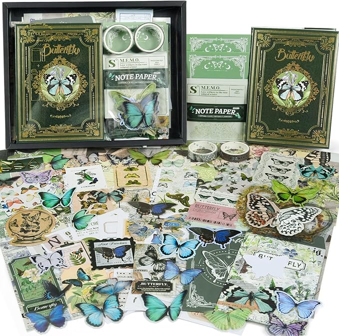 scrapbook supplies kit, vintage junk journaling supplies, scrapbooking kit with aesthetic ephemera stickers, stationary set, bullet journaling kit, collage craft supplies gift for adults women starter