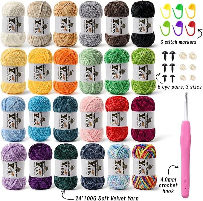 24 Pack Multicolor Crochet Yarns, Fluffy Chunky Chenille Yarn for Crocheting, Fuzzy Velvet Yarn for Crochet Kit, Baby Yarns for Crocheting Soft Amigurumi Set B (100g/87yds Each)