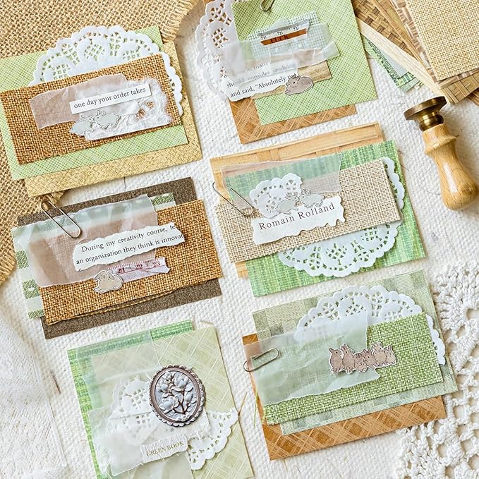24 Sheets Vintage Linen Scrapbook Paper Embossed Textured Paper Kit Collage Supplies for Decoupage Crafts Scrapbooking Card Making Bulletin Board Junk Journalling Embellishment (Green)