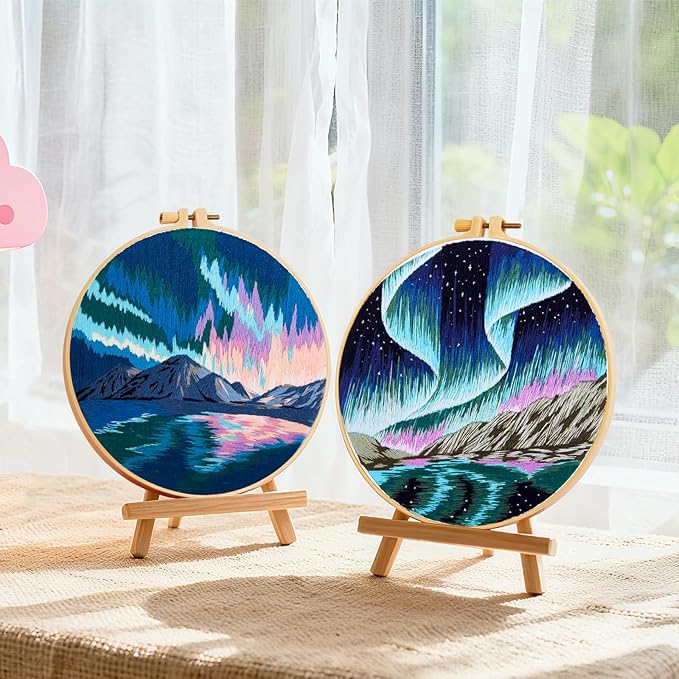 Aurora Borealis Embroidery Starter Kits for Beginners Adults, Stamped Cross Stitch Kit for Adult Beginner, Hand Embroidery Needlepoint Kit, 2 Set Embroidery Supplies, 2 Hoops (Attached Video Tutorial)
