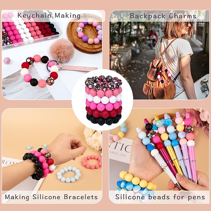 120 Pcs Silicone Beads for Keychain Making 15mm Bracelets Red Black White Mixed 6 Colors Silicone Round Beads Bulk for Crafts Beadable Pens