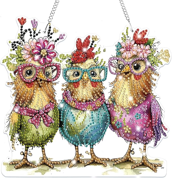 Bowetile Hanging Diamond Art Chicken Kits for Adults, 5D Special Shape Diamond Painting Chicken Kits, Animal Diamond Gem Art Suncatchers Painting Pendant Ornament for Home Garden Wall Decor