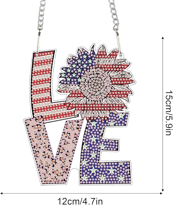 AiYuanzsh Patriotic Diamond Painting Hanging Sign – Love Door Wall Decoration with American Flag Sunflower, Leopard Print, DIY 5D Rhinestone Art Craft for 4th of July Home Decor