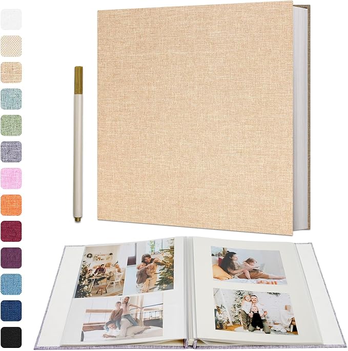 Vienrose Photo Album Self Adhesive 4x6 5x7 3x5 8x10 10x12 Scrapbook Album DIY Scrap Book with A Metallic Pen (13"x12.6" 60 Pages,Khaki)