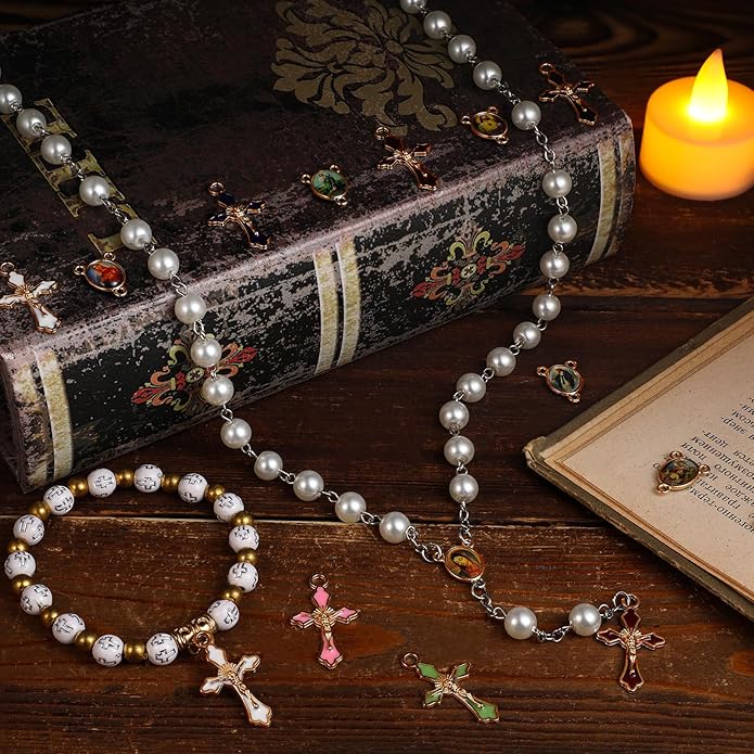 200 Pcs/ 100 Sets Rosary Making Kits Supplies Cross and Center Medal Charm Alloy Picture Religious Charms Crucifix Pendant for DIY Jewelry Making Prayer Bracelet Necklace Earring