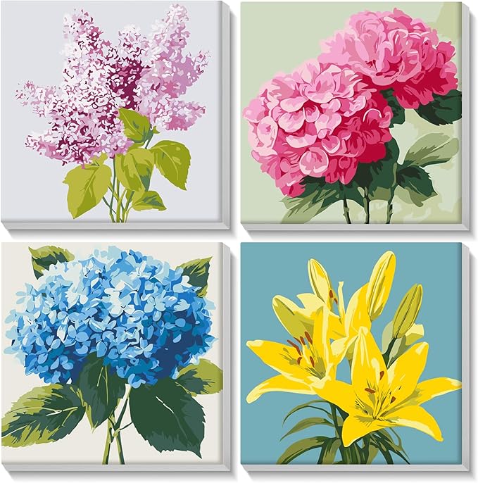 Lxmsja 4 Pack Subtle Flora Paint by Numbers Kit for Adults, Easy Framed Paint by Numbers for Adults Beginner, DIY Acrylic Oil Painting Craft Kits for Home Wall Decor 8x8 inch