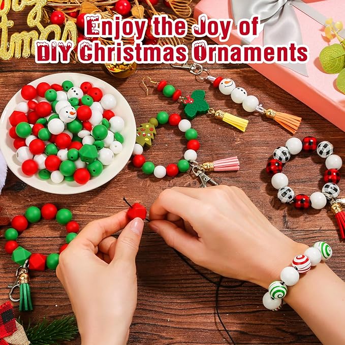 Lucomb 217 PCS Christmas Silicone Beads Bulk 15mm Silicone Beads Xmas Christmas Wooden Beads C y Cane Wood Beads Loose Rubber Beads Abacus Focal Beads Keychain Necklace Making Pens Crafts Ornament