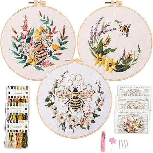 Myfelicity Embroidery kit for Adults, 3-Piece Bee and Butterfly Floral Designs, Including Tools Handmade Embroidery Hoop Art Set (Yellow)