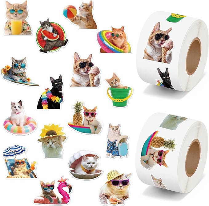 h1vojoxo summer cats sticker rolls - 1000pcs hawaii cat stickers for kids 16 designs waterproof beach cats stickers for water bottles laptop scrapbook crafts envelopes gifts cute sticker for cat lover