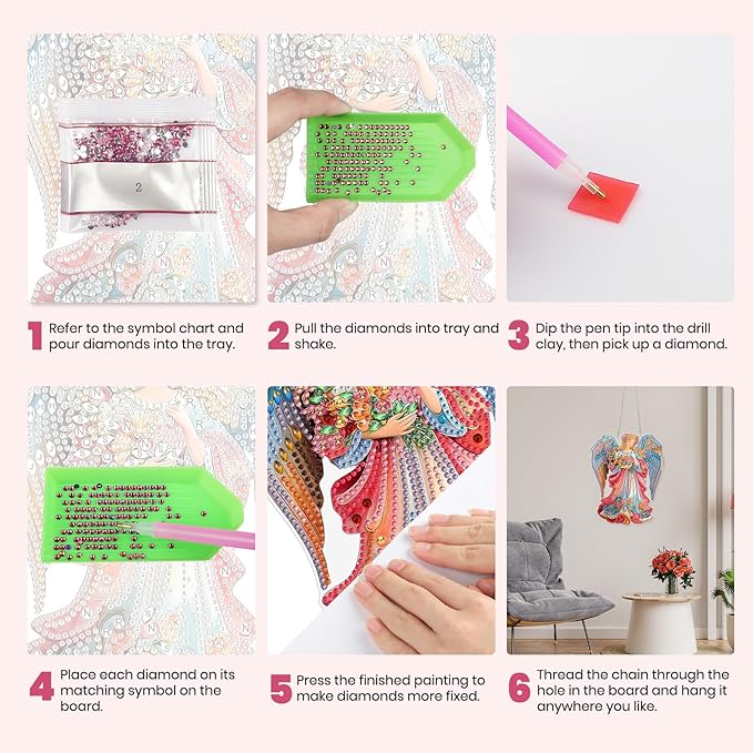 MXJSUA Diamond Art Hanging Kits for Adults Beginners, DIY Acrylic 5D Special Shaped Crystal Diamond Gem Art Painting Hanging Ornament for Home Wall Decor and Gift (Floral Angel)