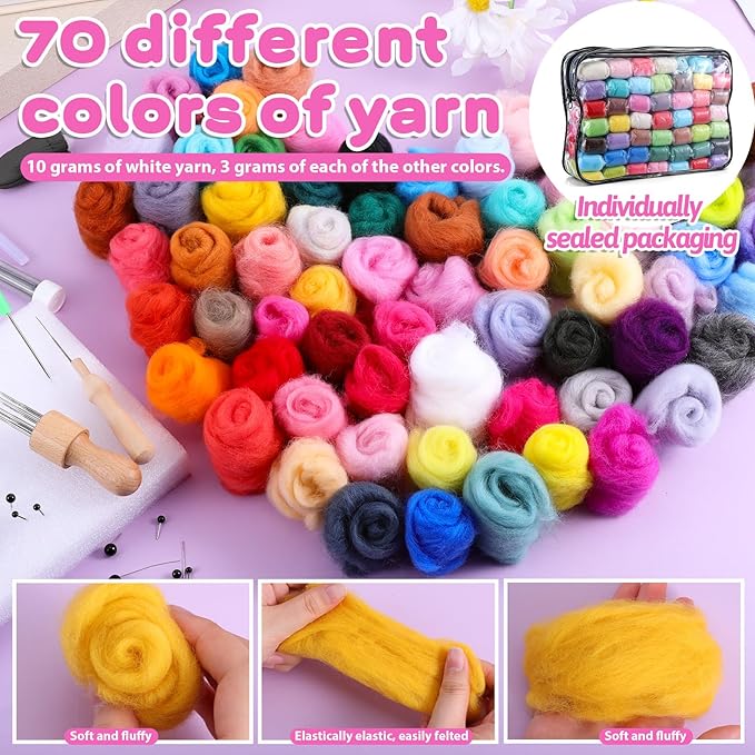Lyksgir 70 Colors Needle Felting Kit, Wool Roving Set, Wool Felting Tool Starter Kit, for DIY Needle Feltings Beginners
