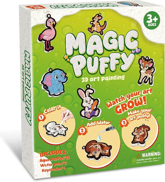 3D Art Kit Aqua Magic Puffs Animals, 15 Mess-Free Paint by Number Craft for Kids, DIY Coloring Kits,Christmas&Travel Gifts & Stocking Stuffer for Girls and Boys, Art Projects with Puff Markers