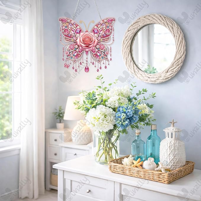 Yunzlly DIY Hanging Diamond Art Pendant Kit, Special Crystal Double Sided Diamonds Painting Ornament Kit for Adults, Acrylic Gem Painting Board for Window&Door&Wall (Pink Butterfly)