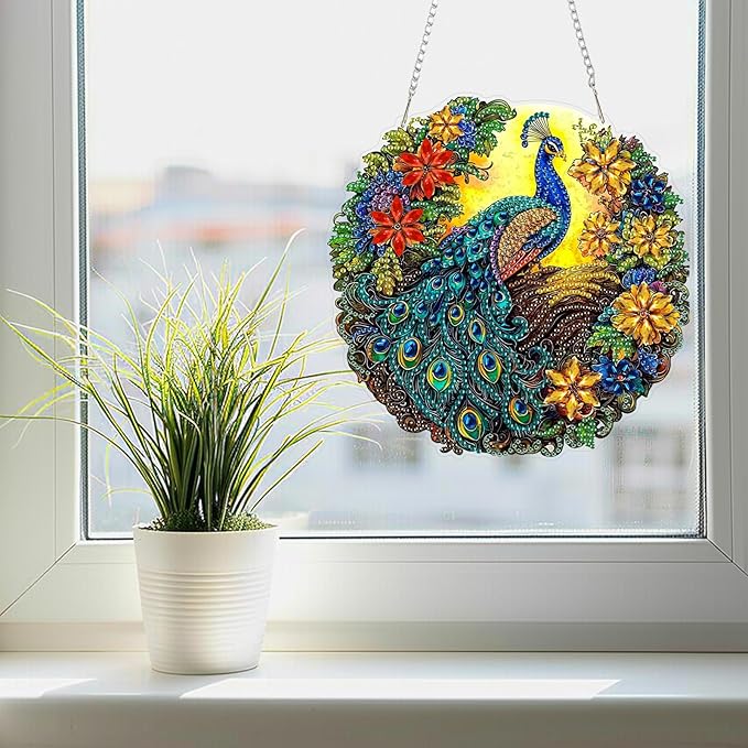 SENQAO Peacock Diamond Art Hanging Kit for Adult, Special Shaped Rhinestone, DIY Acrylic 5D Diamond Art Painting Window Pendants Home Garden Wall Hanging Kits Hanging Ornament