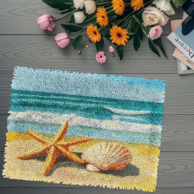 DIY Rug Latch Hook Kits Seaside Beach Starfish and Shells Stamped Non-Slip Mat Crochet Yarn Hook and Latch Emboridery Tapestry for Home Floor Decoration Pet Warm Cushion 52x38cm(3)