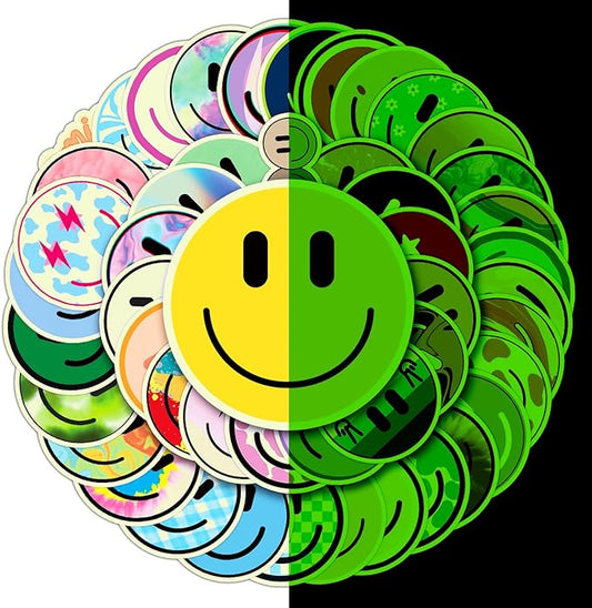 wercokt 50pcs smiling glow in the dark stickers, cute water bottle stickers for kids, for teaching rewards, notebooks, stationery, luggage, cartoon pvc happy stickers