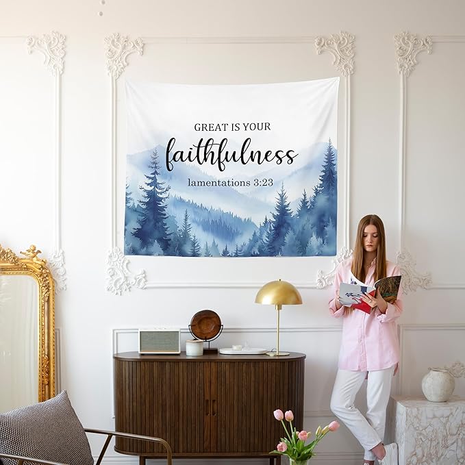 MNASAIOO Christian Mountian Woods Wall Tapestry Hanging for Bedroom, Bible Verse Scripture Great Is Your Faithfulness Tapestries,Blue Watercolor Wall Decor Banner for Living Prayer Room Church 50x60in
