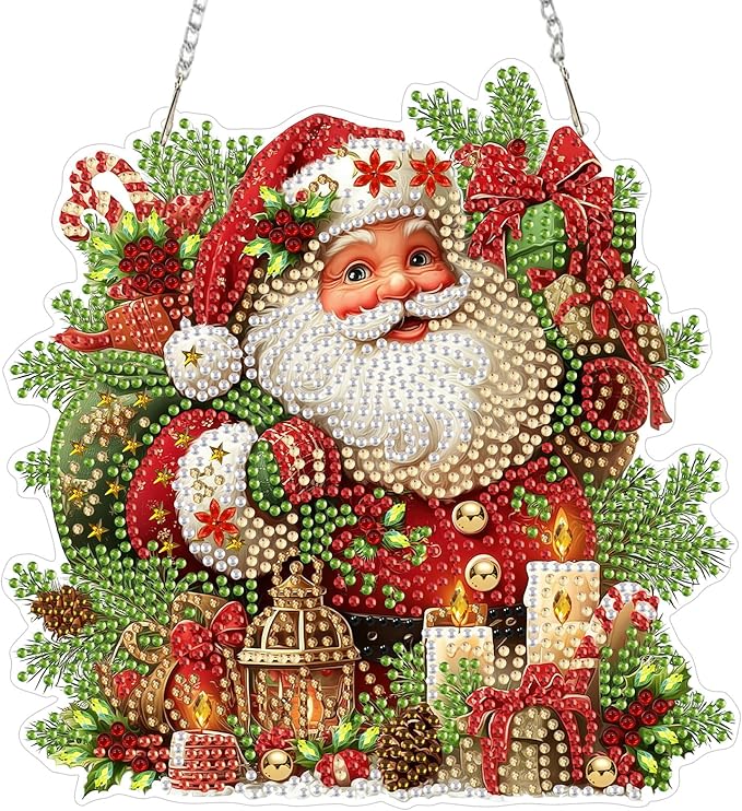 MEIYUDA Christmas Diamond Painting Hanging Kits, DIY Santa Claus Diamond Art Window Hanging Ornament for Adults, 5D Special Shape Rhinestone Pendant for Home Garden Wall Decor Gift