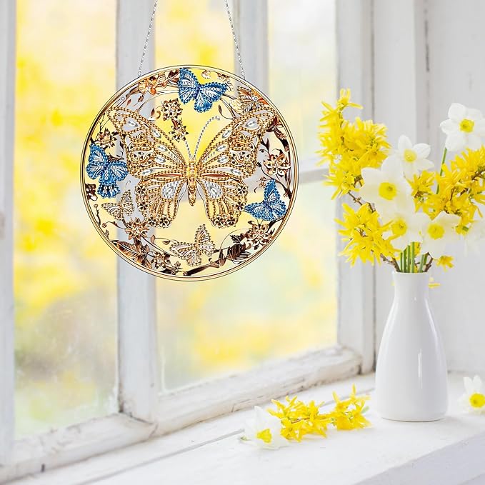 Generic DIY Hanging Diamond Pendant Special Shaped Crystal Diamond Art Painting Ornament Single Sided for Window Home Garden Wall Door Decor-Golden Butterfly