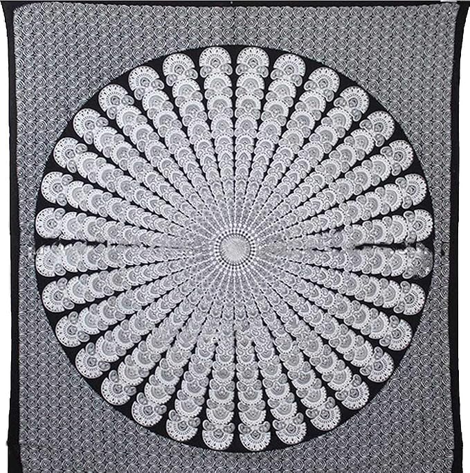 bless international handmade indian hippie bohemian psychedelic peacock mandala wall hanging college dorm beach throws table cloth bedding tapestry (black white, queen(84x90inches)(215x230cms))