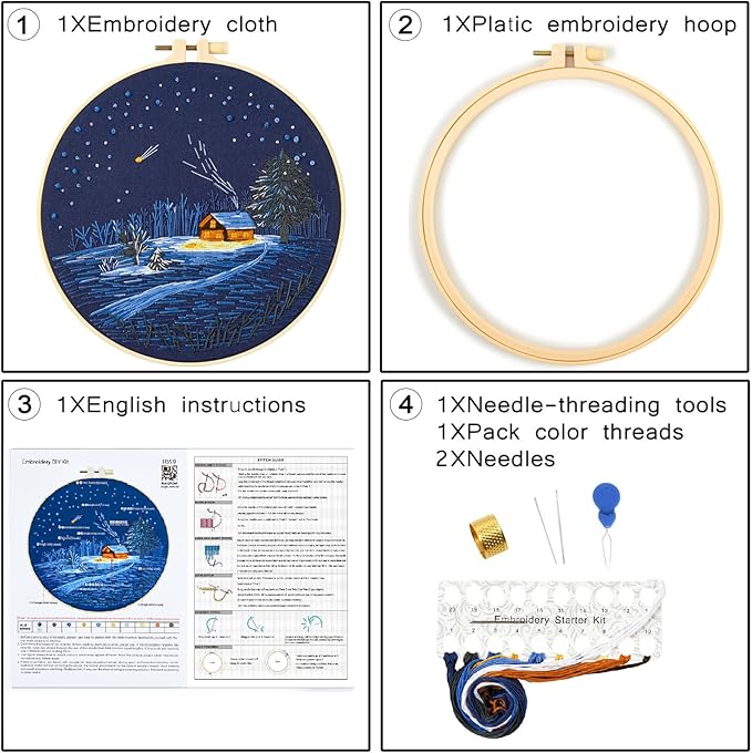 Christmas Embroidery Kits for Beginners Adults, Winter Hand Embroidery Starter Kits, Christmas Cross Stitch Kits for Beginners Needlepoint DIY Kits for Adults, Embroidery Hoop, Thread & Video Tutorial