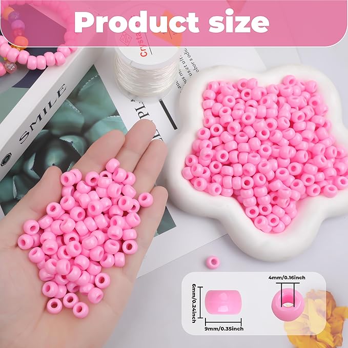 Plastic Pony Beads, 1000 Pcs, 6x9mm, for Bracelet, Hair Braiding, Friendship Bracelets, Jewelry Making (Pink)