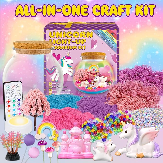 7july unicorn terrarium crafts kit for kids-led night light up & remote unicorn birthday gifts toys for girls ages5 6 7 8 9 10 year old-christmas gifts for girls