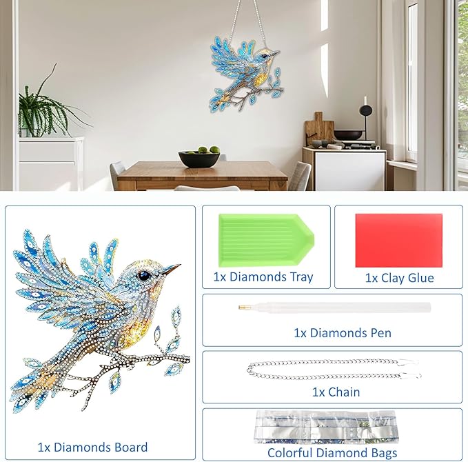 SENQAO Hummingbird Diamond Art Hanging Kits for Adults Kids, Acrylic Diamonds Painting Pendant Board Kit Bird, Diamond Art Painting Window Pendants Home Garden Wall Hanging Kits Hanging Ornament