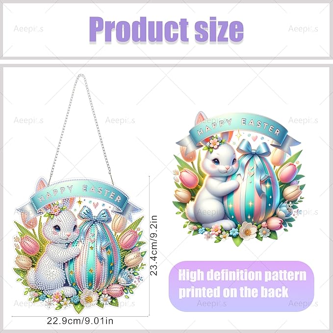 Aeepics Hanging Diamond Art Kit for Adult, DIY Diamonds Painting Pendant Ornament Kit, Acrylic Diamond Art Painting Board Kit (Easter Rabbit)