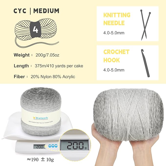 Katech Ombre Yarn for Crocheting-Large Skein of Gradient Yarn Cake-2 Pack of 200g/7.05 oz-80% Acrylic,20% Nylon- #4 Medium-Perfect for Star Blankets, Scarves, Shawls and Garments (F)