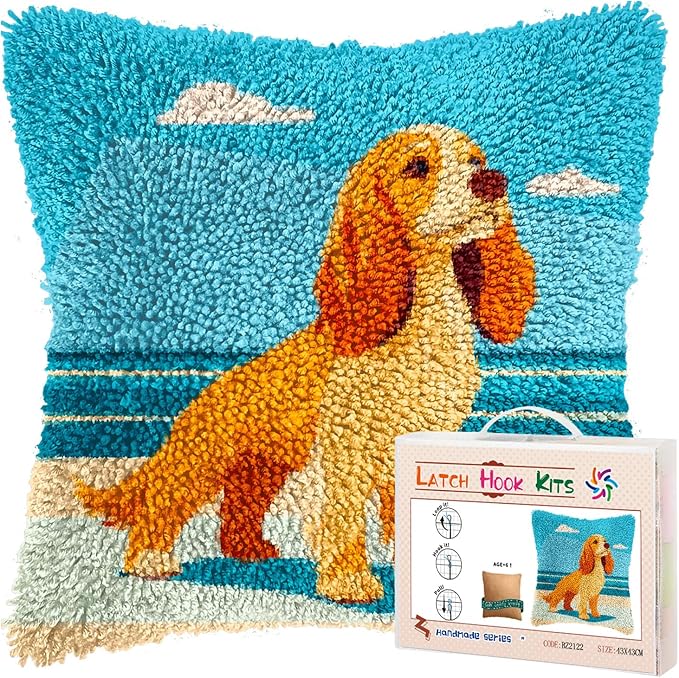 DIY Latch Hook Pillow Kits for Adults Cute Cartoon Cocker Spaniel Dog on Beach Printed Pillowcase Crochet Yarns Hooking Handmade Pillow Cover Cushion for Home Sofa Decoration 17x17inch(3)