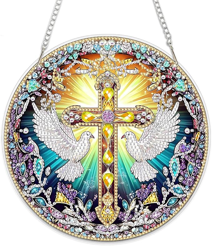 MEIYUDA Cross Diamond Painting Pendant Kits, DIY Round Cross Diamond Art Window Hanging Ornament for Adults, 5D Special Shape Rhinestone Pendant for Home Decoration