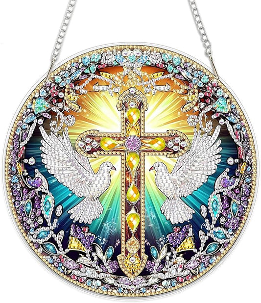 MEIYUDA Cross Diamond Painting Pendant Kits, DIY Round Cross Diamond Art Window Hanging Ornament for Adults, 5D Special Shape Rhinestone Pendant for Home Decoration