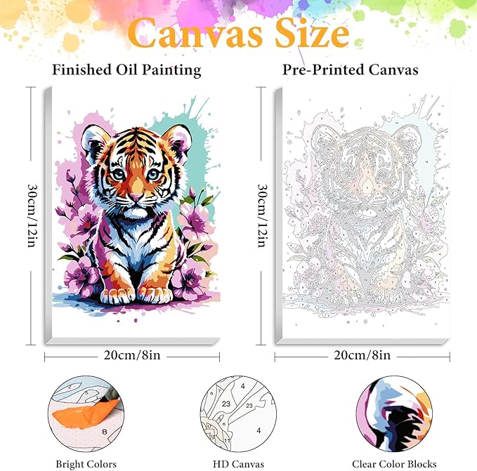 Okarina Framed Paint by Numbers Kit for Adults Beginner Tiger, Adult Paint by Number Kits on Canvas Framed Animal, DIY Acrylic Oil Painting by Numbers with Frame, Perfect for Home Decor 8 X 12 Inch