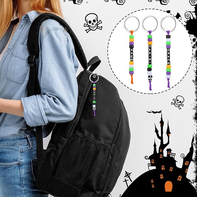 Landical 564 Pcs DIY Bead Keychain Kit Key Chain Making Craft Adjustable Letter Beads String Mama Gift Alphabet Bead Jewelry Key Ring Backpack Accessories for Party Favor(Halloween,Stylish Color)