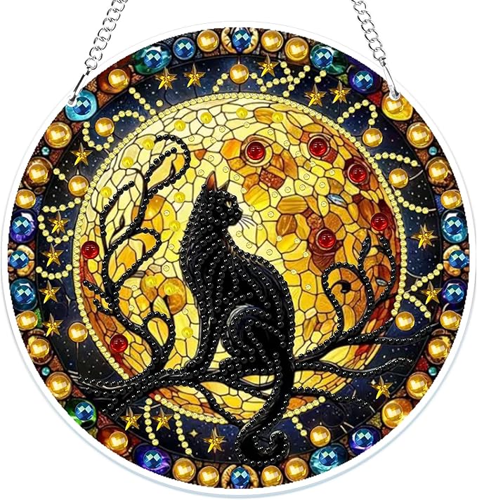 MOGTAA Hanging Diamond Art Painting Pendant Kits, 5D Black Cat Diamond Art Kits for Adults, DIY Animal Diamond Painting Kits Special Crystal Gem Art for Home Decor