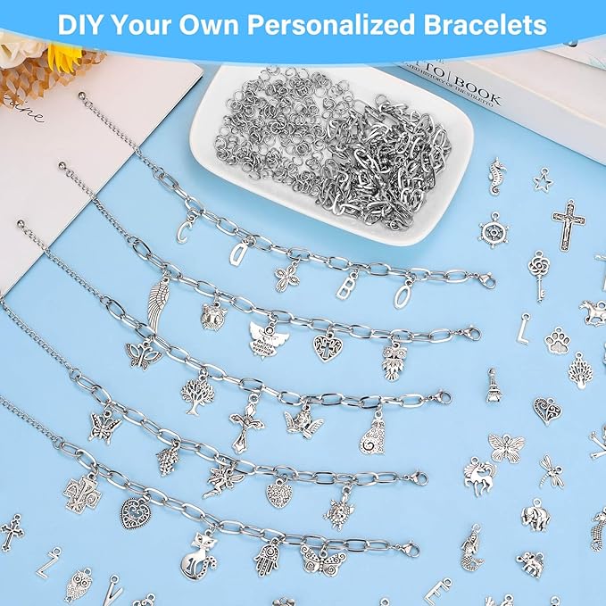 384 Pieces Silver Charm Bracelet Making Kit, Including Paperclip Chain Bracelets, Cross Charms, Jump Rings for DIY Bracelet Making