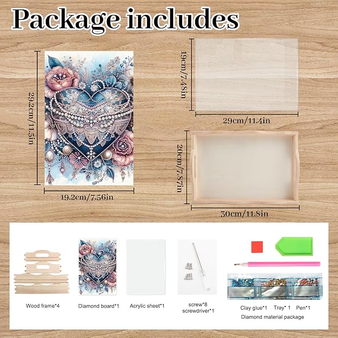 AiYuanzsh DIY Diamond Art Wooden Tray with Handle, Blue Jewel Heart with Flowers Design, Diamond Painting Mosaic Kit, Creative Craft Diamond Art Tray for Coffee Table and Home Organizer