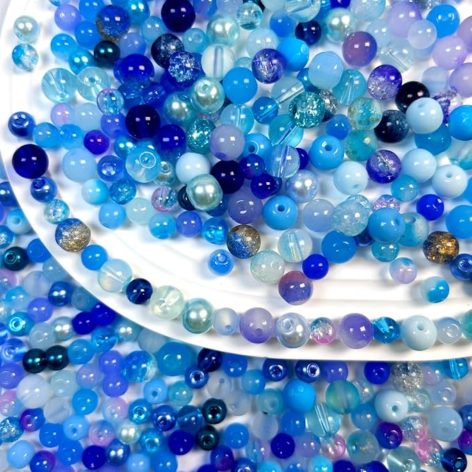 450pcs Glass Beads for Jewelry Making, 6/8mm Assorted Crystal Loose Beads, Blue Series Round Spacer Bead Kit for Bracelet Necklace DIY Craft