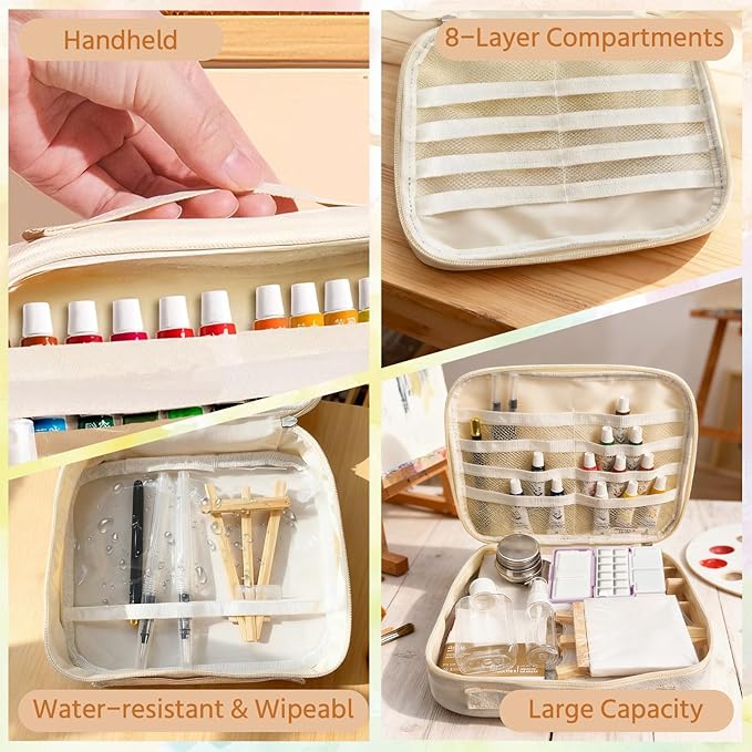 Mini Watercolor Travel Paint Set,22Pcs Artist Watercolor Palette Travel Set with Colors,Wooden Paint Box,Brush,Holder,Oil Cup,Bottles Storage Bag for Beginners Artists Student(12 Grids Purple)