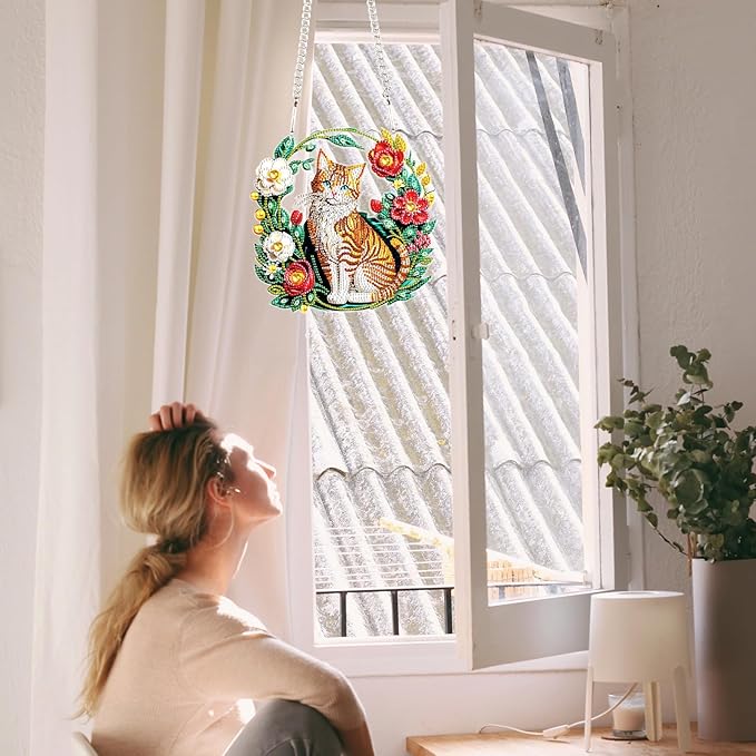 Flower Birdcage Design DIY Diamond Art Painting Wreath Kits Special Shaped Rhinestone Diamond Art Window Pendants Home Garden Wall Hanging Kits (Single Side Point Drill) (#11-Cat) (#11-Cat)