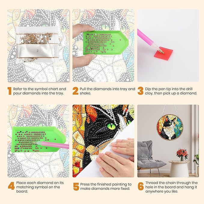 MXJSUA Diamond Art Hanging Kits for Adults Beginners, Stained Glass Cat DIY Acrylic Special Shaped Crystal Diamond Gem Art Pendant Drills Painting Ornament for Home Wall Decor and Gift