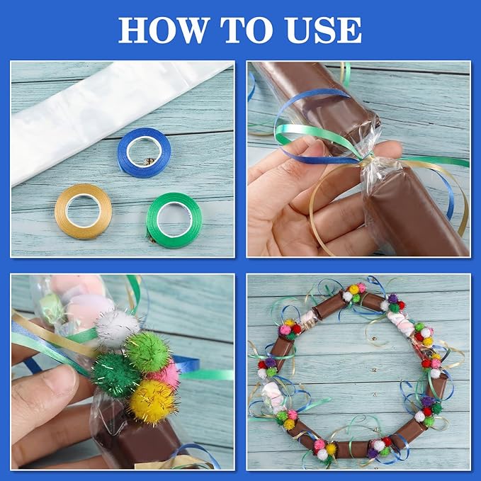 Hanaive Graduation Candy Lei Tubing Necklace Making Kit Include 50 Pcs 2 Inch Poly Tubing Lei Bags 197 ft 6 Rolls Gift Wrapping Ribbon 1 Pack Plush Poms 400 Glue Points for Graduation Party Supplies