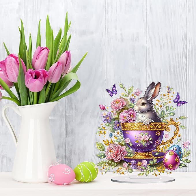 DIY Dot Diamond Desktop Easter Creative Ornaments Diamond Art Painting by Number Embroidery Arts and Crafts Easter for Home Office Garden Decoration (Single Side Dot Diamond)-#01-Teacup Bunny