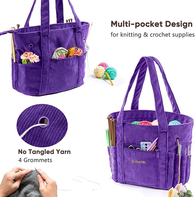 Crochet Bag and Tote - Corduroy Yarn Bag - Yarn Holder for Crocheting - Crochet Storage Bag for Crochet Hooks, Crochet Accessories, Knitting Bag for Crochet Lovers, Mother's Day Gift