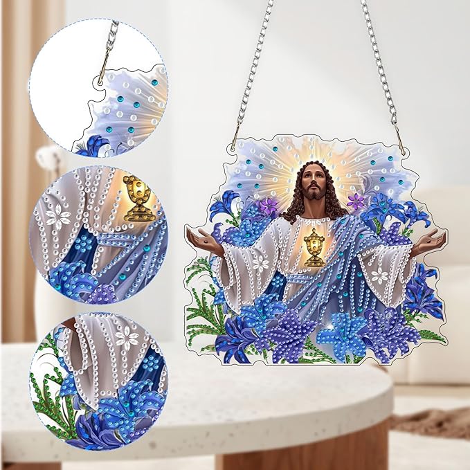 QENSPE Jesus Hanging Diamond Art with Chain, 5D Special Shape Flowers Diamond Paingting Ornaments Kits, Easy DIY Crystal Pendant Gem Art for Home Garden Wall Decor 8X8 inch