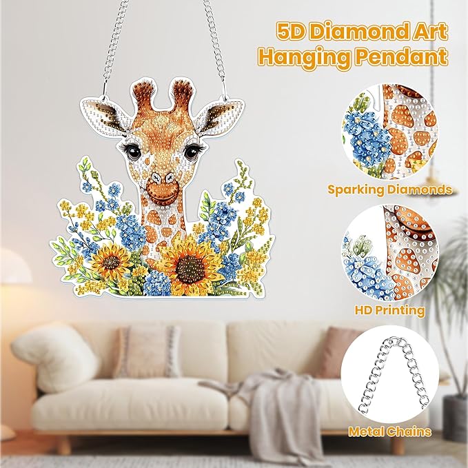 MOGTAA Deer Diamond Art Hanging Pendant Kits, 5D Special Shape Diamond Art Kits for Adults, Crystal Rhinestones Sunflowers Diamond Painting Gem Art for Home Garden Wall Decor